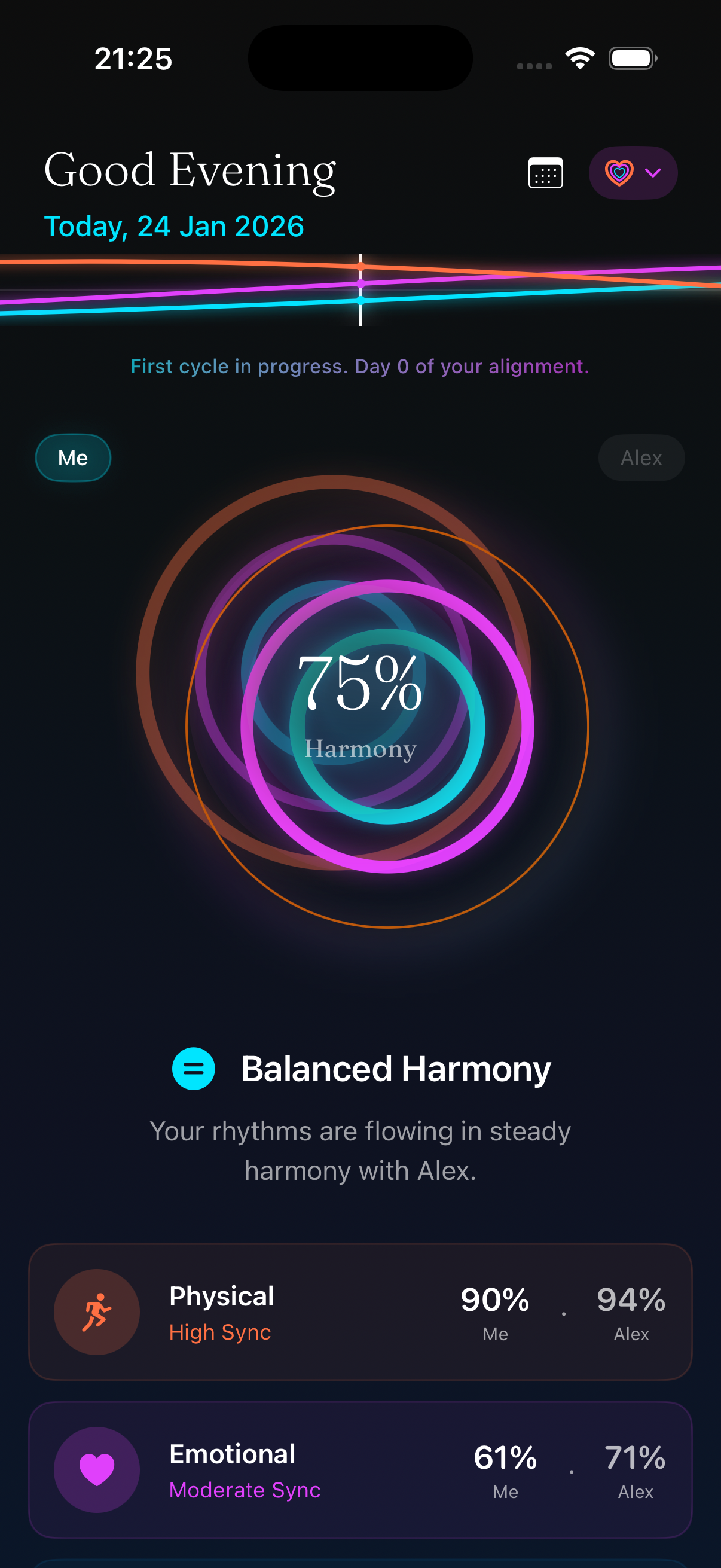 iPhone screenshot of Meguri Partner view showing two sets of overlapping biorhythm rings representing you and your partner. Displays harmony percentage score with resonance level indicator and wave comparison chart showing cycle alignment over time.